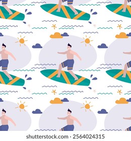 Seamless pattern with male character surfing recreation, vacation. Handsome man surfer in swimwear riding sea waves on surfboard, texture pattern background. Wallpaper template. vector illustration