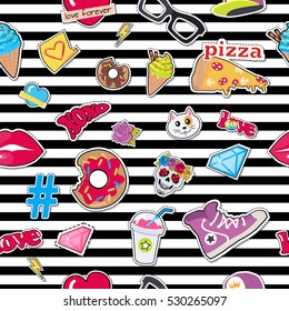 Seamless pattern male colourful rap cap, violet sport footwear, pizza, bitten doughnut, muzzle of cat, human skull with flower, diamond, lips, glasses, ice cream, love, cocktail, thunder sign, hashtag
