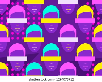 Seamless pattern of male faces with elements of pop art style. Zine culture colorful background. Vector illustration