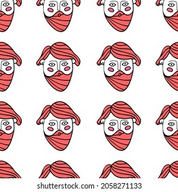 Seamless pattern with male faces. A hipster with a beard. Vector illustration in doodle style.