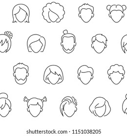 Seamless pattern with male and female avatars. Black and white thin line icons