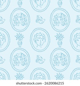 Seamless pattern with male and female portrait sketches in oval frames, birds, and flower vases on blue background. Hand-drawn linear design. Vintage illustration