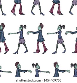 Seamless pattern of the male and female walking zombie