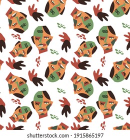 Seamless pattern with male surreal portrait and abstract shapes. Modern vector illustration. Endless texture with human strange faces