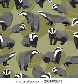 Seamless pattern with males, females and cubs of European badger. Meles meles in different poses. Forest wild animals of Europe. Vector pattern