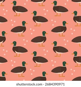Patrón sin fisuras Mallards animal estanque agua sobre fondo rosa Vector Fondo de pantalla textil giftwrap tela