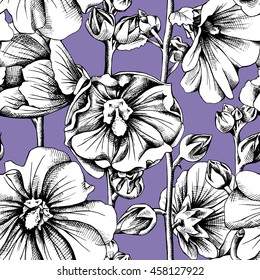 Seamless pattern with a Mallow flowers elements on a violet background. Vector illustration.