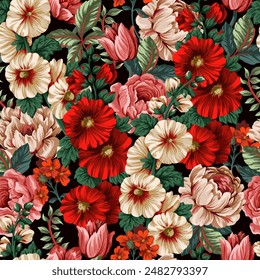 Seamless pattern with mallows and other flowers. Vector