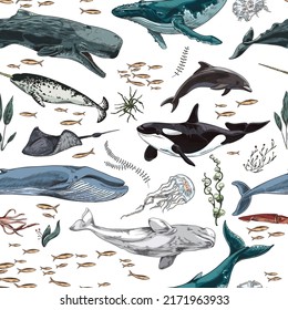 Seamless pattern with mammals marine animals, flat cartoon vector illustration on white background. Decorative repeatable textile design with sea animals.