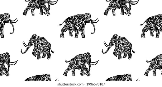 Seamless pattern of mammoth animal decorative vector illustration painted by ink, endless hand drawn grunge cave painting of elephant, black isolated silhouette on white background.