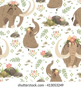 Seamless pattern with mammoths. Vector illustration