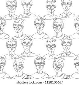Seamless Pattern with Man in Eyeglasses Portrait One Line Art. Male Facial Expression. Hand Drawn Linear Man Silhouette Background. Vector illustration
