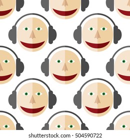 Seamless pattern of a man in headphones. DJ. White background.