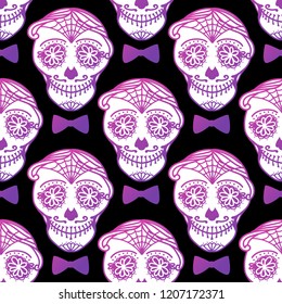 Seamless pattern Man with make up of sugar skull. Dia de los muertos. Mexican Day of the dead. Vector illustration hand drawing isolated on dark background