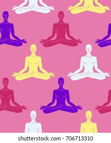 Seamless pattern of man in meditation Vector illustration. Pink background with colorful man body in yoga asana. Chakra meditation