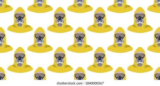 Seamless pattern of Man in protective yellow hazmat suit isolated on white background. Safety virus infection concept. Vector illustration eps10.
