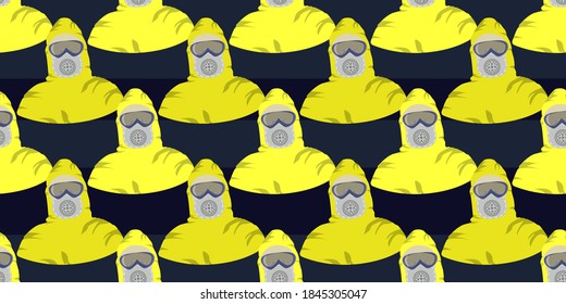Seamless pattern of Man in protective yellow hazmat suit isolated on stripe dark blue two tone colors background. Safety virus infection concept. Vector illustration eps10.
