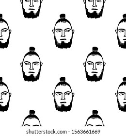 Seamless pattern. Man with samurai hairstyle and beard. Hipster style portrait. Doodle sketch. Hand drawn vector illustration of funny character.