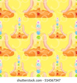 seamless pattern man sitting in lotus position meditating with chakra on yellow. vector illustration