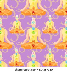 seamless pattern man sitting in lotus position meditating with chakra. vector illustration