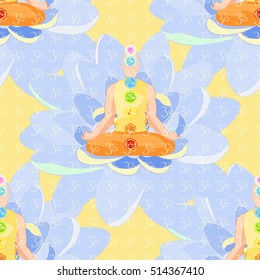 seamless pattern man sitting in lotus meditating with chakra. vector illustration