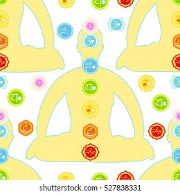 seamless pattern man sitting in lotus position meditating with a chakra. vector illustration