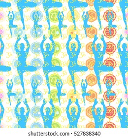 seamless pattern man is stand meditating with chakra. vector illustration