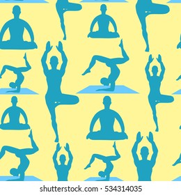 seamless pattern man standing, exercise, meditation, lotus on yellow vector illustration