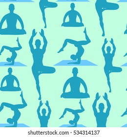 seamless pattern man standing, exercise, meditation, lotus set vector illustration