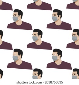 Seamless pattern with Man wearing medical mask protect himself from air pollution and the risk of viral diseases. Coronavirus protection background.