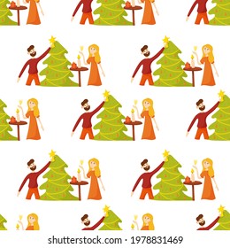 Seamless pattern with a man and a woman decorating the Christmas tree and drinking champagne. White background. Flat style illustration.