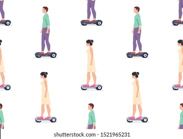 Seamless pattern with Man and Woman riding Electric hoverboards. isolated on white background