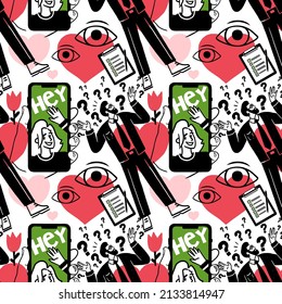 seamless pattern man and woman romantic correspondence drawing