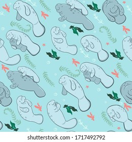 Seamless pattern with manatees and algae. Vector graphics. svg