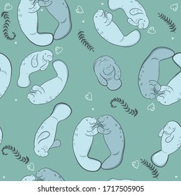 Seamless pattern with manatees in love. Vector graphics.