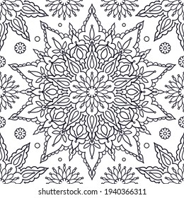 Seamless pattern with mandala. Black and white linear image. Doodle style. For coloring, fabric design, wallpaper, backgrounds, postcards, prints. Vector