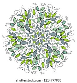 seamless pattern. Mandala circle. Round tree leaves ornament on white background. Green vector illustration.Simple floral mandala print. Abstract flower medallion.