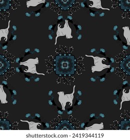 Seamless Pattern. Mandala. Cute Cat. Dark gray and Turquoise blue. Vector illustration.