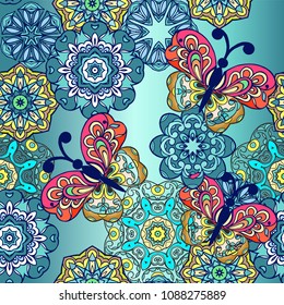 Seamless pattern with mandala and decorative butterflies. Floral wallpaper. Decorative ornament for fabric, textile, wrapping paper. 