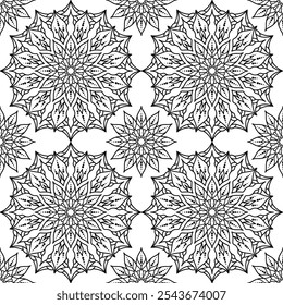 Seamless pattern with mandala design with intricate floral and geometric details on white background.