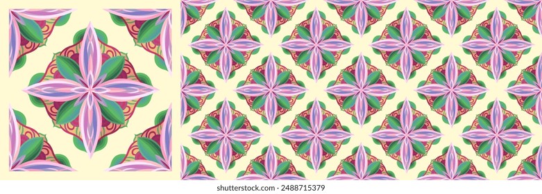 Seamless pattern with mandala featuring a star with interwoven pink, purple, and green petals. Surrounded by green leaves and red-yellow motifs, ideal for backgrounds, wallpapers, and decor