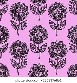Patrón sin foco con flores de mandala. Hermoso elemento de mandala floral en blanco y negro. Ilustraciones de vectores de material para Internet e impresión, textiles, fondos de origen, papel pintado y papel de envoltura.