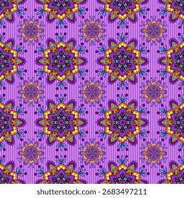 seamless pattern mandala flowers with horizontal lines background, design for decoration
