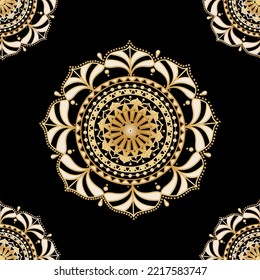 Patrón sin brillo de mandala en color dorado sobre fondo negro. Diseño abstracto redondo. arte contemporáneo para impresiones, carteles, textiles, telas, cubiertas, papel pintado, papel envolvente. Ilustración vectorial.