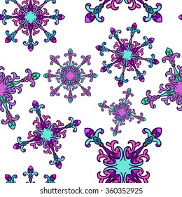 seamless pattern with mandala icon in the shape of a cross, snowflakes, stars and flowers boho style