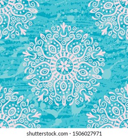 Seamless Pattern with Mandala motifs, Indian fresh tileable pattern in light blue and light pink