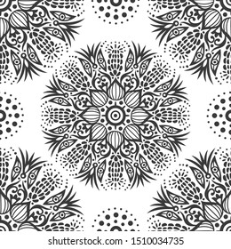 Seamless Pattern with Mandala motifs, Indian fresh tileable pattern in black and white