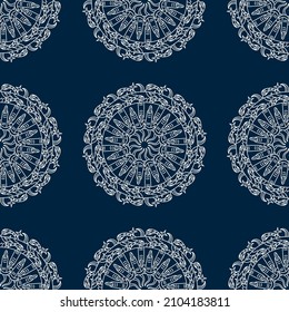 Seamless pattern. Mandala with mystical esoteric symbols. Occultism, witchcraft vector background for fabric