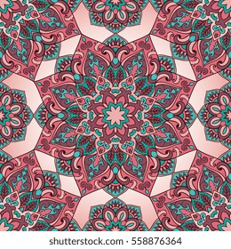 Seamless pattern of mandala on a pink background. Colorful oriental ornament. Template for carpet, shawl, wallpaper, embroidery, textile.