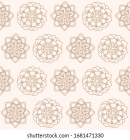 Seamless pattern with mandala in one line style. Editable vector illustration.